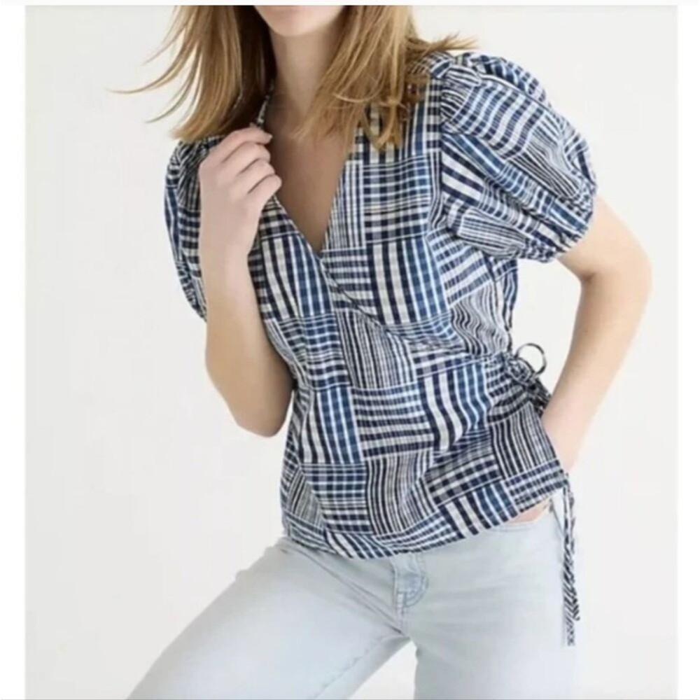 J. Crew Puff Sleeve Wrap Top Indigo Patchwork Size Medium